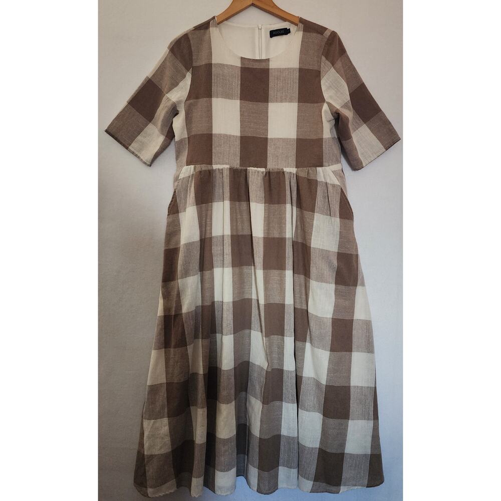 Roolee Midi Dress Size Large Buffalo Plaid White Tan Gingham Dress Pockets